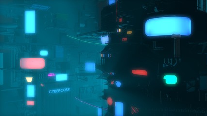 Futuristic city in a blue haze. Neon cyberpunk future. 3D illustration. Night scene with multicolored neon lighting. Dark industrial landscape.