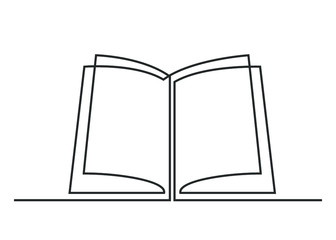 Continuous one line drawing open book with flying pages. Vector illustration on white background.