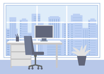 Workplace room, home office. Interior, cabinet, office with computer. Vector illustration in flat style