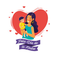 Happy mother's day card with an illustration of a beautiful mom with her son