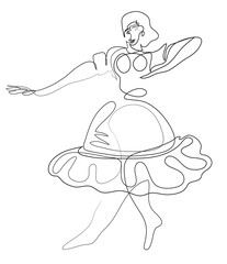 One continuous line drawing of Happy woman dancing.
Black and white illustration of cheerful young woman dancing.