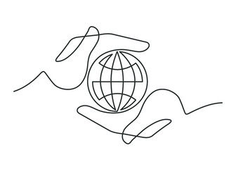 Continuous line drawing of planet in hands. Globe between two  human hands meaning care and love.  Vector illustration