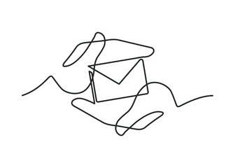 Continuous line drawing of envelope in hands. Envelope between two  human hands meaning care and love. Vector illustration