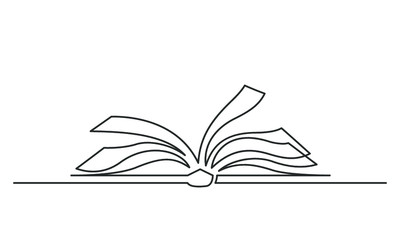 Continuous one line drawing open book with flying pages. Vector illustration on white background.