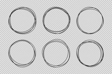 Set of hand drawn circle line sketch set. Doodle vector circular scribble round circles for message note mark design element. Pencil or pen graffiti bubble or ball draft illustration.