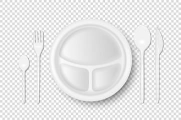 Vector 3d Realistic White Plastic, Paper Disposable Food Dish, Cutlery - Plate, Spoon, Fork, Khife Icon Set Isolated. Top View. Design template, Mock up for Graphics, Branding Identity, Printing