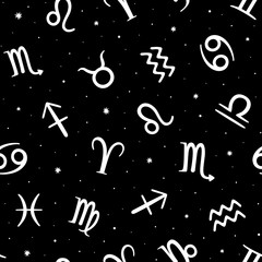 Seamless pattern with zodiac symbols on black background. Space background.