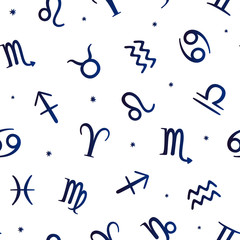 Seamless pattern with zodiac symbols on white background. Space background.