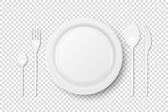 Vector 3d Realistic White Plastic, Paper Disposable Food Dish, Cutlery - Plate, Spoon, Fork, Khife Icon Set Isolated. Top View. Design template, Mock up for Graphics, Branding Identity, Printing