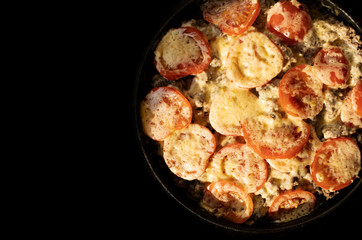 Homemade Moussaka in a pan. Greek cuisine. Top view.