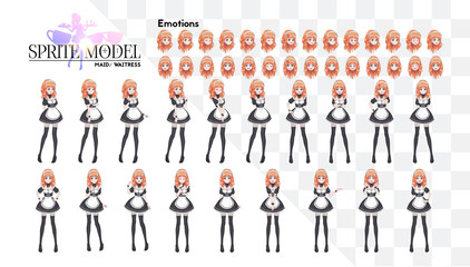 Sprite full length character for game visual novel. Anime manga girl, Cartoon character in Japanese style. Costume of maid cafe. Set of emotions