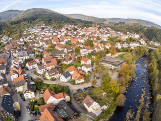 Aerial view of Forbach village and Black forest trees