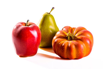 Composition with assorted raw organic vegetables Detox diet apple pumpkin isolated on white background