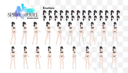 Sprite full length character for game visual novel. Anime manga girl, Cartoon character in Japanese style. In a summer bikini swimsuit. Set of emotions