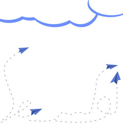 Paper plane and clouds and in sky. Plane with trace. Card with copyspacefor ad or announcement or notification. the concept of development or prospects. Vector illustration.