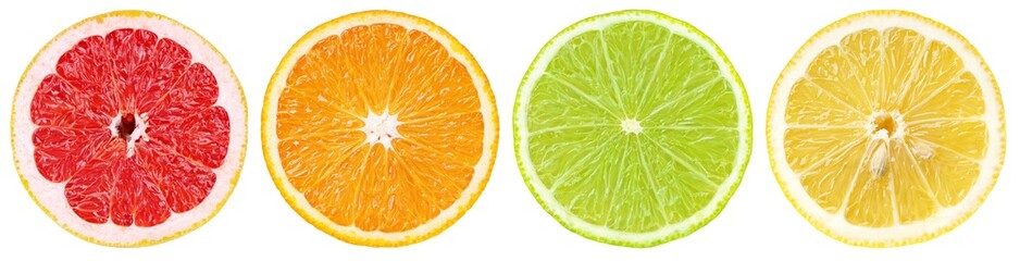 Set of colorful different citrus fruit slices. Half of grapefruit, orange, lime and lemon in row isolated on white background with clipping path. - obrazy, fototapety, plakaty