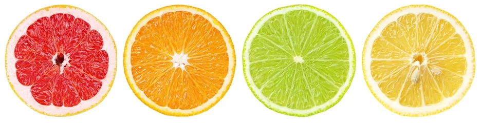 Fototapeten Set of colorful different citrus fruit slices. Half of grapefruit, orange, lime and lemon in row isolated on white background with clipping path. © Roman Samokhin