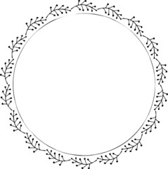 Hand drawn round frame and wreath isolated on white background. Hand sketched design element. Unique and ready to use for decoration.