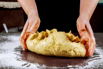 Woman kneading dough for making pizza.
