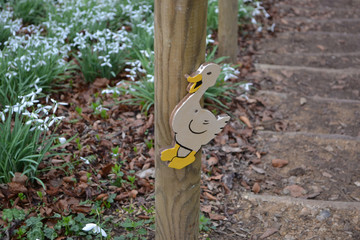 Painted duck on a signpost in countryside