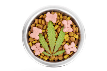 Concept of animal feed, vitamins with CBD oil and cannabis. Cannabidiol with the pet. Cannabinoid CBD oil is used as a dietary supplement. Marijuana products isolated white background