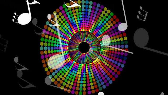 Musical theme, flying white notes on black background with colored rotating circle composed of dots in rainbow colors. Decoration for disco, music show, festival, nightclub. party, greeting, 4k video