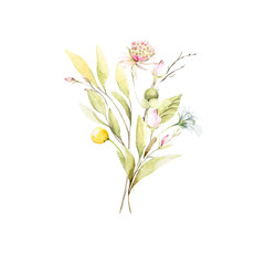 Watercolor bouquet with hand painted spring wild flowers, green leaves and branches in pastel colors. Romantic floral background perfect for fabric textile, vintage paper or scrapbooking