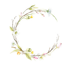 Watercolor wreath with hand painted spring wild flowers of chamomile and leaves in pastel colors. Romantic floral background perfect for fabric textile, vintage paper or scrapbooking