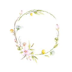 Watercolor wreath with hand painted spring wild flowers of chamomile and leaves in pastel colors. Romantic floral background perfect for fabric textile, vintage paper or scrapbooking