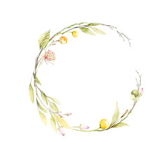 Watercolor wreath with hand painted spring wild flowers, green leaves and branches in pastel colors. Romantic floral background perfect for fabric textile, vintage paper or scrapbooking