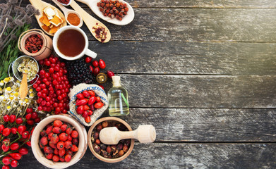 Medicinal plants and herbs composition: Dog rose, bunch branch Rosehips, types Rosa canina hips, essential oil. bunch, Tea with rosehip, Tansy, Anise, dried flowers of linden and chamomile