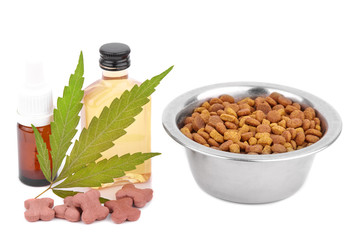 Cannabinoid CBD oil is used as dietary supplement. Green hemp leaf. Marijuana products isolated...