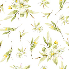 Watercolor seamless  pattern of  hand painted spring wild flowers, green leaves and branches in pastel colors. Romantic floral background perfect for fabric textile, vintage paper or scrapbooking