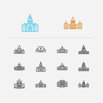 Us capitols icons set. Cathedral and us capitols icons with massachusetts state capitol, government and georgia state capitol. Set of south for web app logo UI design.