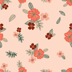 Floral seamless pattern with hand drawn flowers. Texture with stylized minimalistic branches with green leaves and Pink and maroon flowers on a pink background. For fabric, wallpaper, gift wrap.