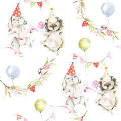 Hand drawing watercolor seamless pattern -  cute bunny and hedgehog, sweets, flowers, green leaves, ribbon, balloon. illustration perfect for fabric textile, scrapbooking, cards for birthday.