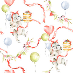 Hand drawing watercolor summer seamless pattern -  sweet cute bunny, cake, flowers, green leaves, ribbon, balloon. illustration perfect for cards for birthday, party, baby shower.
