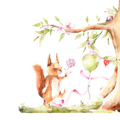 Hand drawing watercolor spring illustration - cute dancing  squirrel with candy and tree, green leaves, flowers. illustration perfect for fabric textile, scrapbooking, cards for birthday.