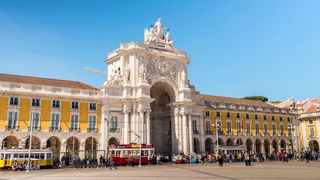 Hyperlapse of Praca do Comercio or Commerce Square in Lisbon Portugal, close to the Tagus River and Time Out Market. This is one of the largest squares in Europe.