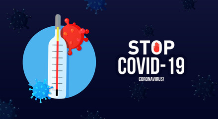 Thermometer coronavirus stop COVID-19 banner.