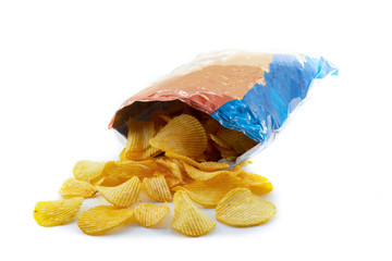 Bag of potato chips on white background