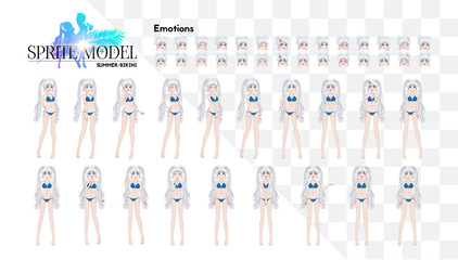 Sprite full length character for game visual novel. Anime manga girl, Cartoon character in Japanese style. In a summer bikini swimsuit. Set of emotions