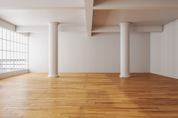 Minimalistic gallery interior with city view and two columns.