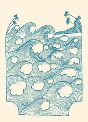Waves vintage pattern illustration with the palm-trees on the beach. Vintage tropical vacation vector illustration t-shirt print. - obrazy, fototapety, plakaty