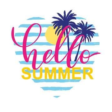 Vector card Hello Summer with palm tree, sun on blue strips in heart frame background. Summer season banner and typography lettering with hand drawing graphic decor elements.