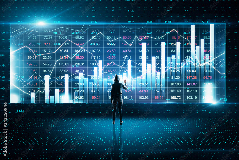 Poster Hacker drawing glowing stock chart and investment data