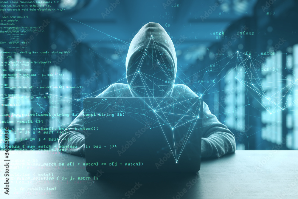 Aufkleber Hacker using laptop with html code.