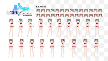 Fototapeta na wymiar Sprite full length character for game visual novel. Anime manga girl, Cartoon character in Japanese style. In a summer bikini swimsuit. Set of emotions