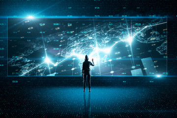 Hacker using creative glowing big data interface.
