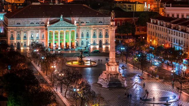 Rossio Square Lisbon timelapse lwhich is the popular name of Pedro IV Square, shot at night from the elevador de Santa Justa. Portugal